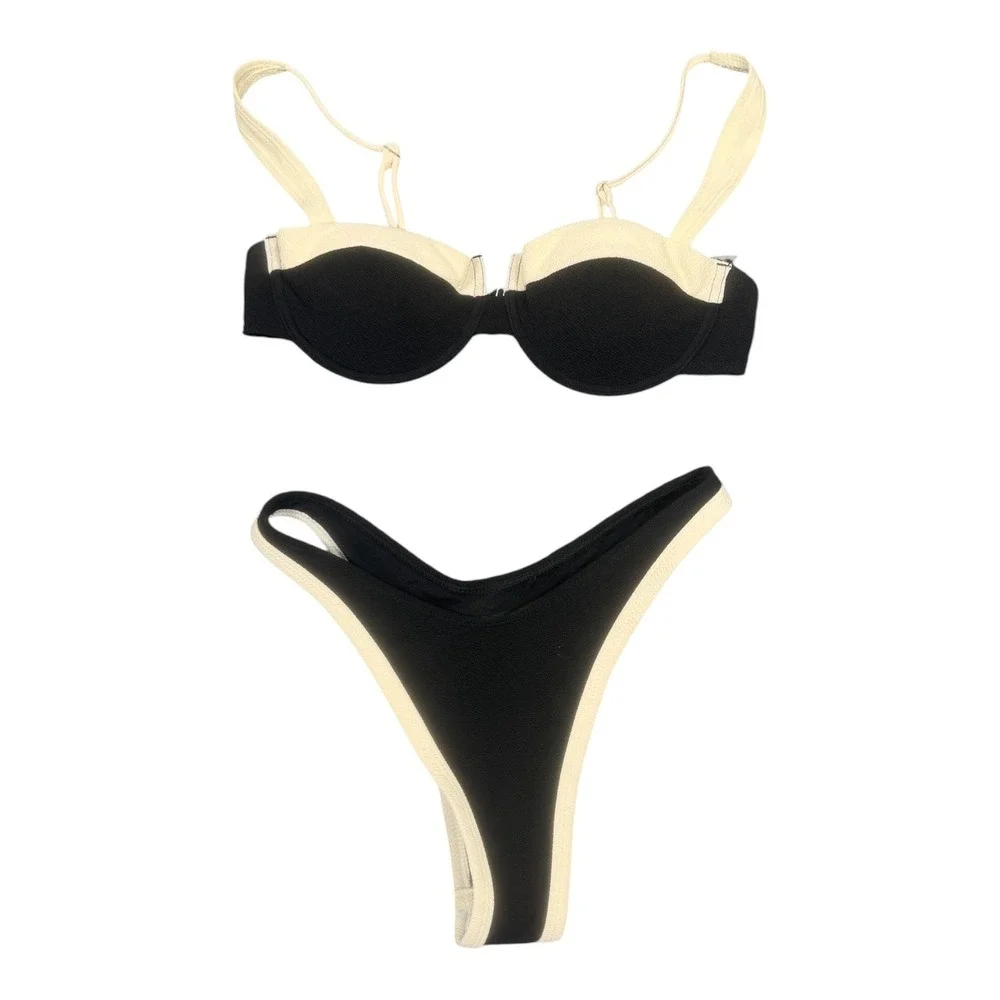 Black Cream Bikini Set Womens Small Underwire High Cut Thong Swimsuit